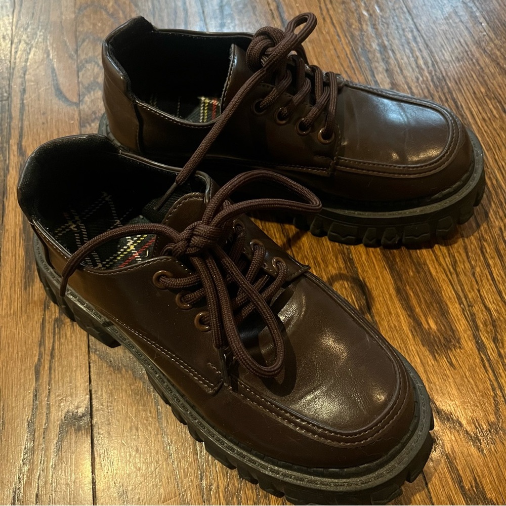Brown faux leather lace up platform shoes